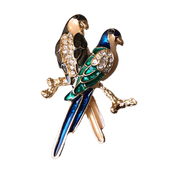 Parrot Brooch / Pin back -2 Parrots Crystals Enamel Each with Claws. #1 - Picture 3 of 8